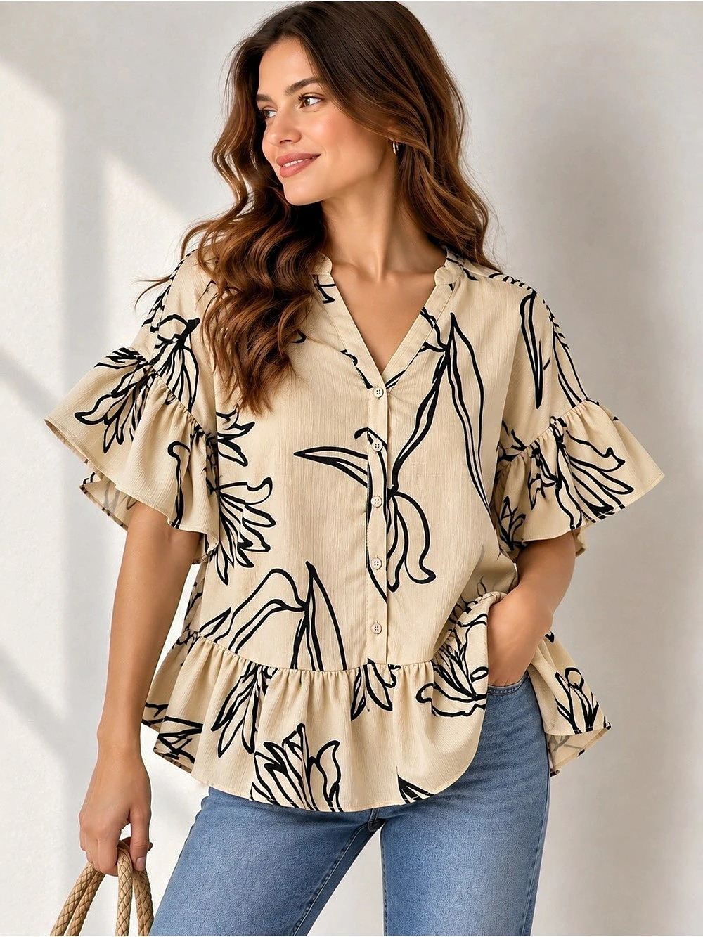 Easel Floral Button Front Blouse in Beige & Black Size Medium